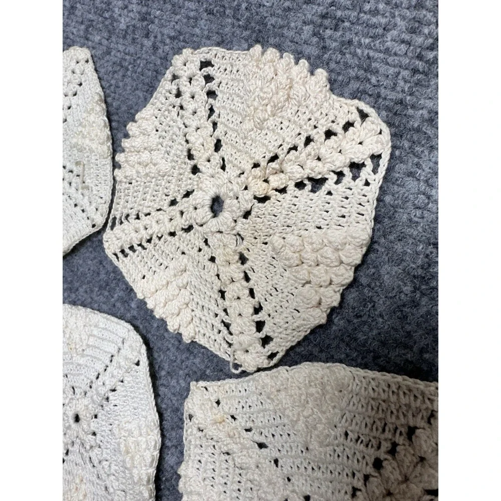 Vintage Crocheted Doilies Lot 8 Beige 5in Square Early 1980s Popcorn Stitch
